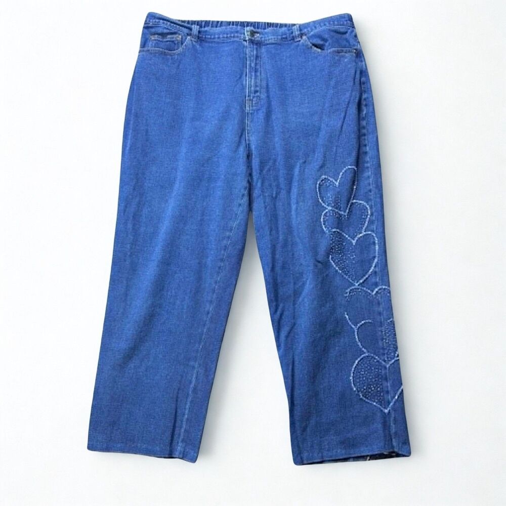 Quacker Factory Womens 2X Jeans Straight Blue Embroidered Hearts Rhinestones